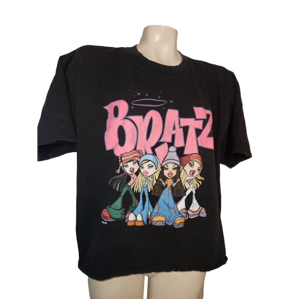 Bratz Graphic T-Shirt Womens‎ XL Black Pink Logo Cropped Raw Hem Y2K MGA Tee